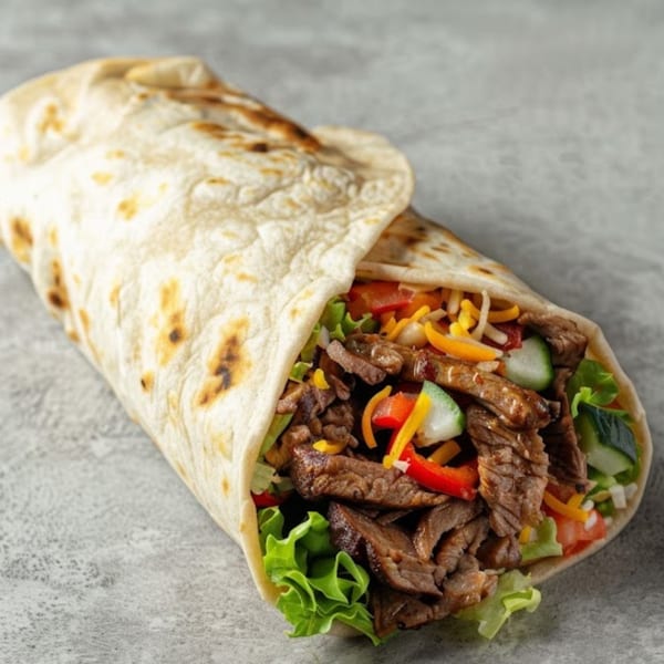 A beef wrap with lettuce, cheese, tomatoes, and peppers, on a gray surface.