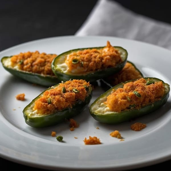 Four Wild Pepper Pizza jalapeño poppers, stuffed with orange filling and green garnish, on a white plate.